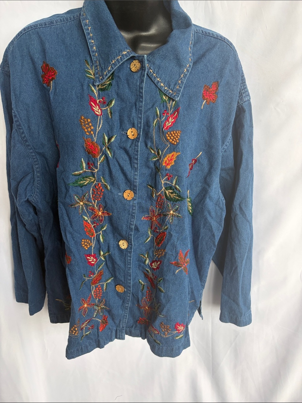 New Direction Long Sleeve Jean Shirt Flowers & Fall Leaves Vtg 1X, 23” PTP, 25”L
